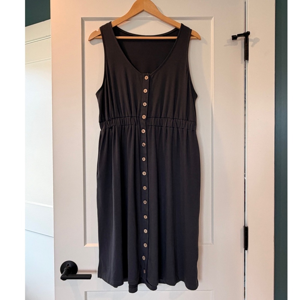 Womens Sleeveless Button Midi Tank Dress Sz L Gray Pockets Stretchy Summer Boho